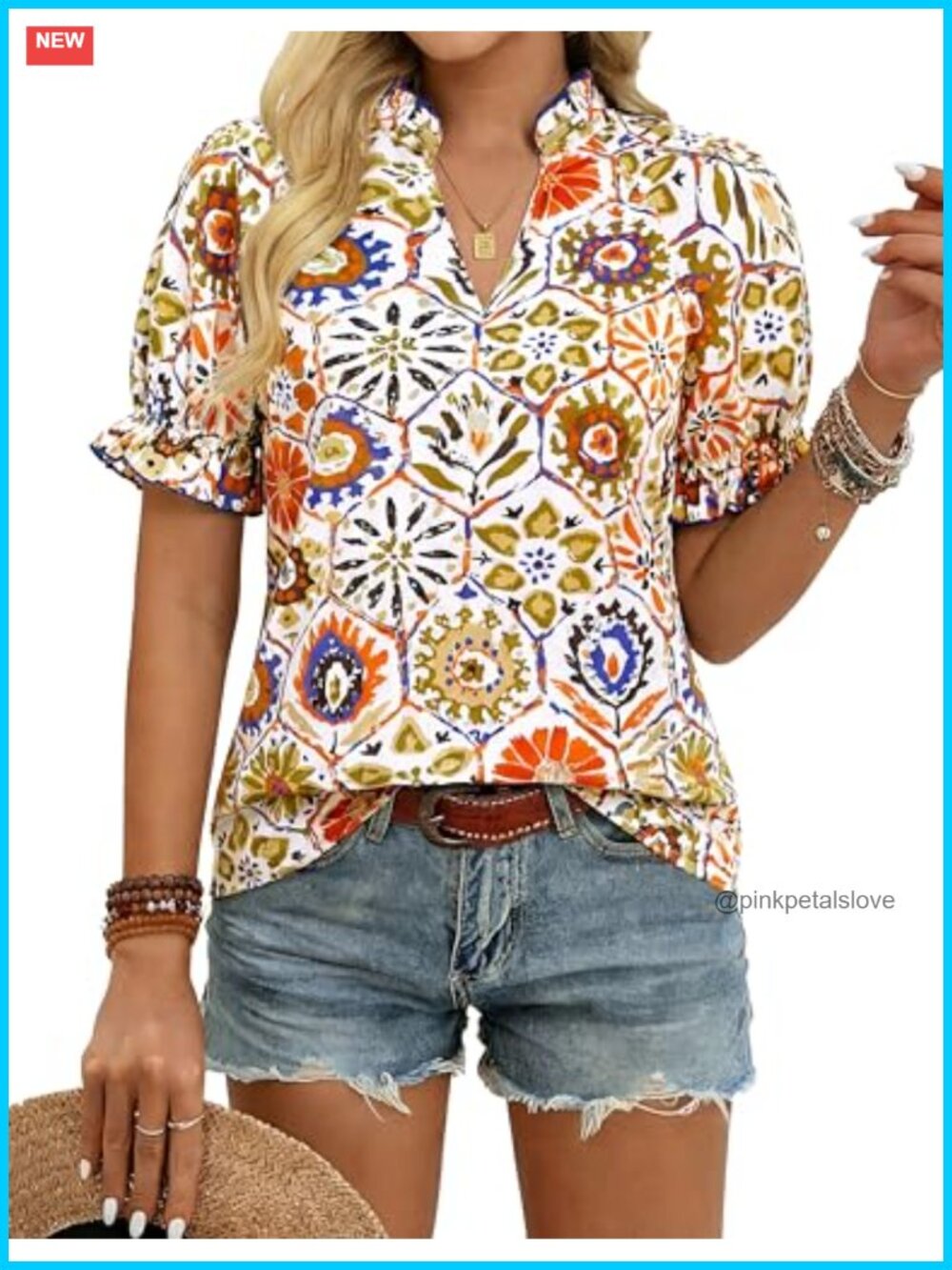Boho Cotton Floral Peasant Blouse Short Sleeve V-Neck Puff Sleeve Top
